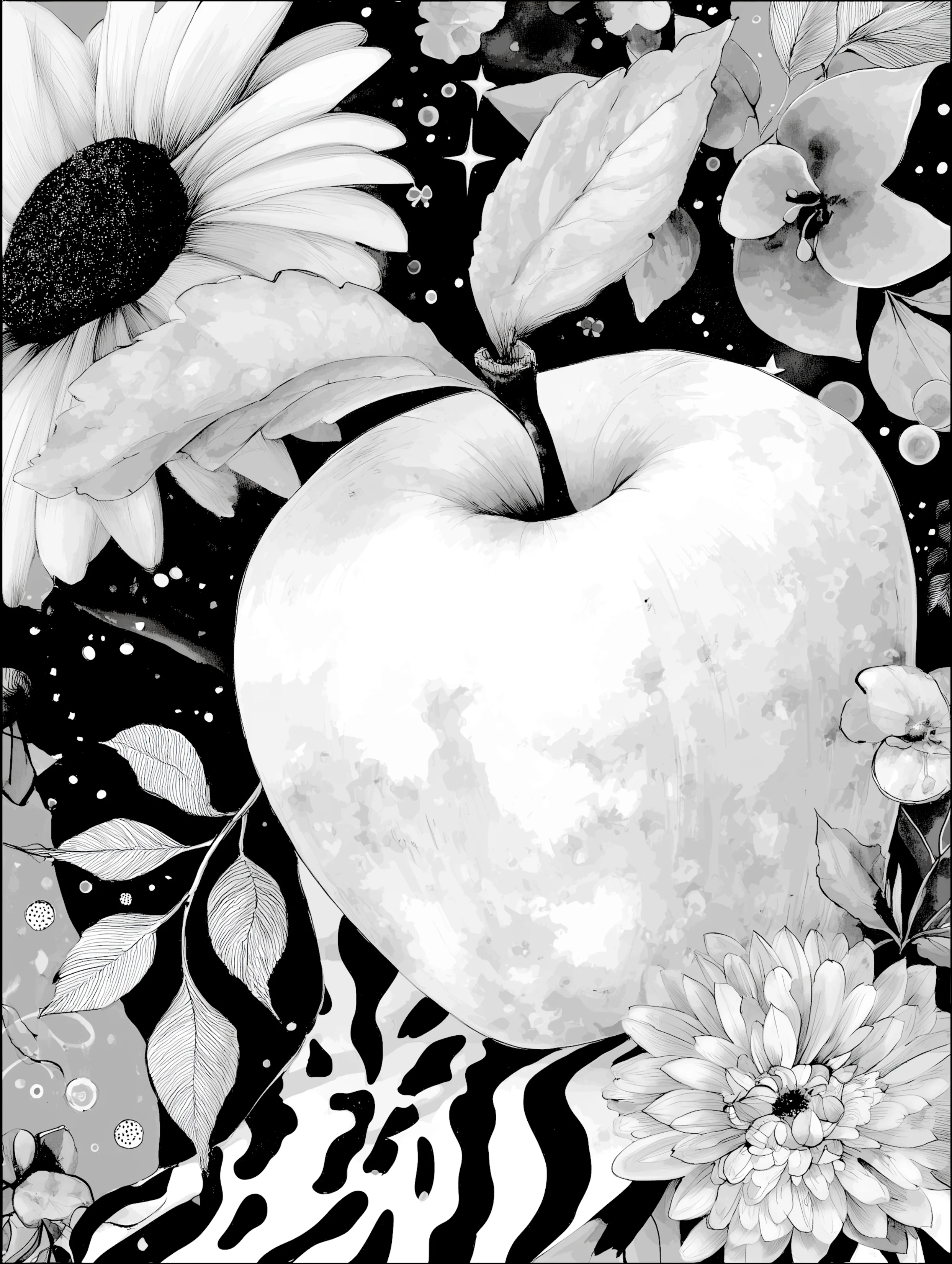 Free printable apple coloring page for adults featuring white apple on zebra background